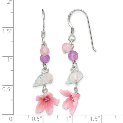 Sterling Silver Polished Amethyst, Agate, Blue Topaz, Pink CZ & Resin Flower Dangle Earrings