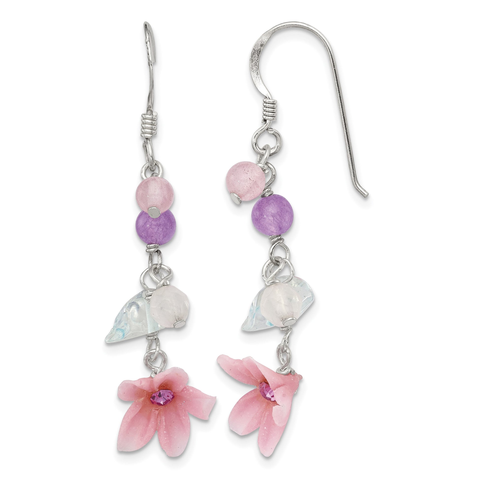 Sterling Silver Polished Amethyst, Agate, Blue Topaz, Pink CZ & Resin Flower Dangle Earrings