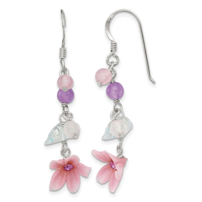 Sterling Silver Polished Amethyst, Agate, Blue Topaz, Pink CZ & Resin Flower Dangle Earrings