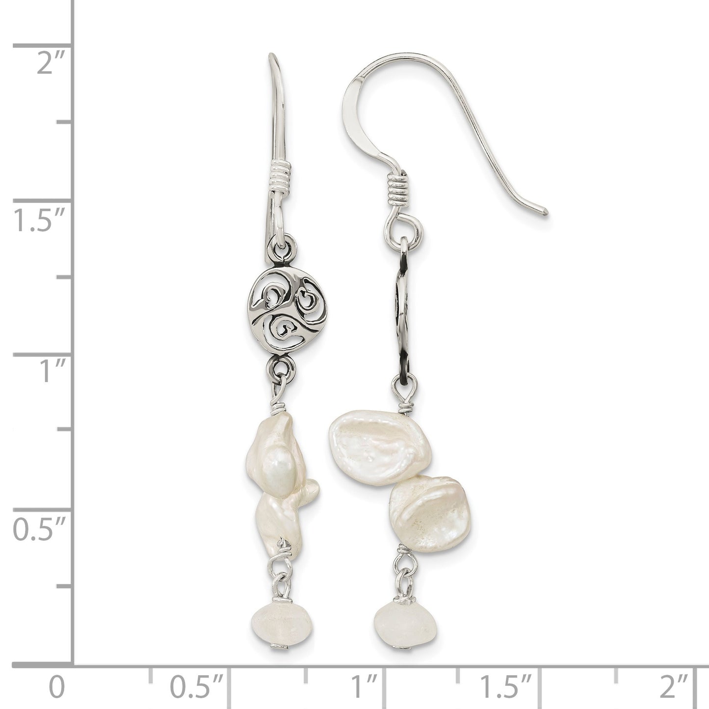 Sterling Silver Polished White 5-9mm Baroque Freshwater Cultured Pearl and Moonstone Fancy Dangle Earrings