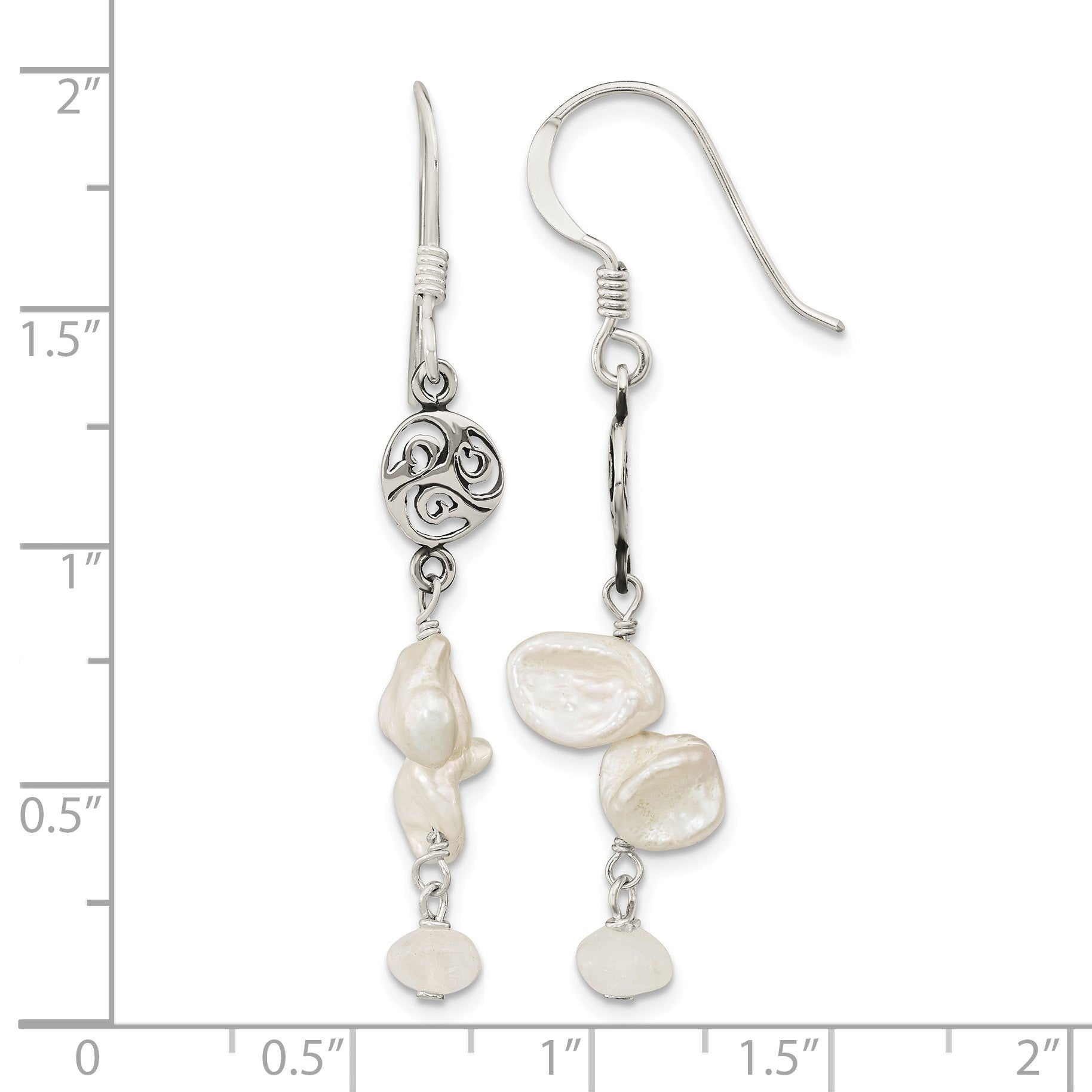 Sterling Silver Polished White 5-9mm Baroque Freshwater Cultured Pearl and Moonstone Fancy Dangle Earrings