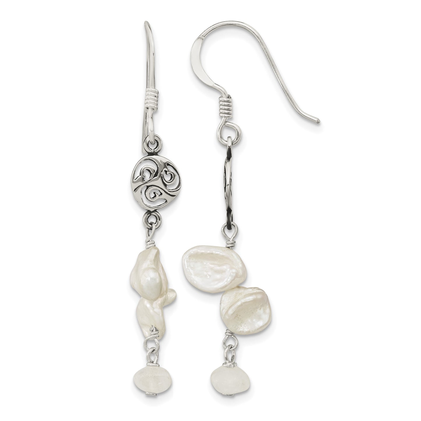 Sterling Silver Polished White 5-9mm Baroque Freshwater Cultured Pearl and Moonstone Fancy Dangle Earrings