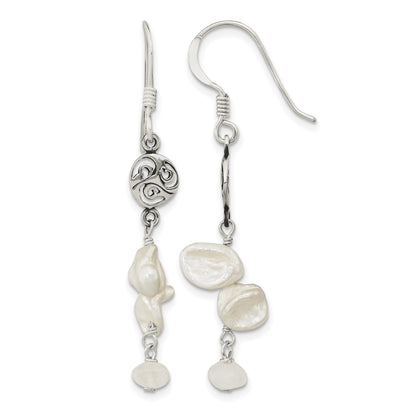Sterling Silver Polished White 5-9mm Baroque Freshwater Cultured Pearl and Moonstone Fancy Dangle Earrings