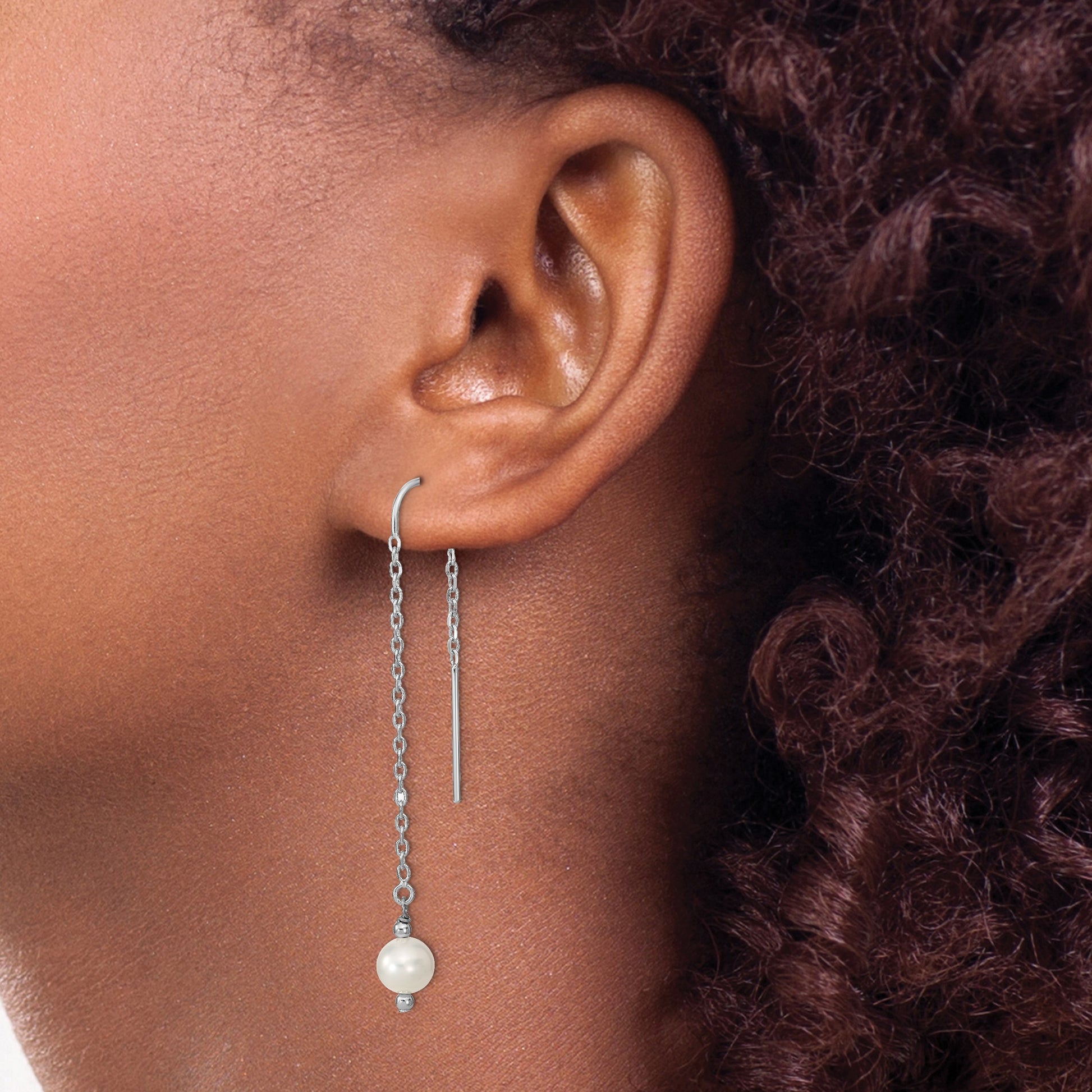 Sterling Silver Rhodium-plated 6-7mm White Semi-Round Freshwater Cultured Pearl Threader Earrings