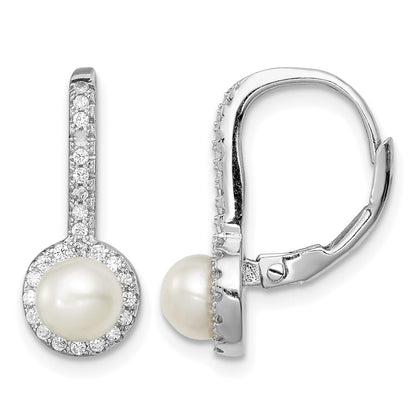 Sterling Silver Rhodium-plated 5-6mm White Button Freshwater Cultured Pearl and CZ Halo Leverback Dangle Earrings