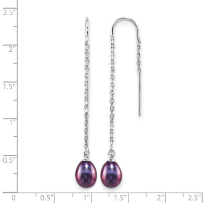 Sterling Silver Rhodium-plated 7-8mm Black Teardrop Freshwater Cultured Pearl Threader Earrings