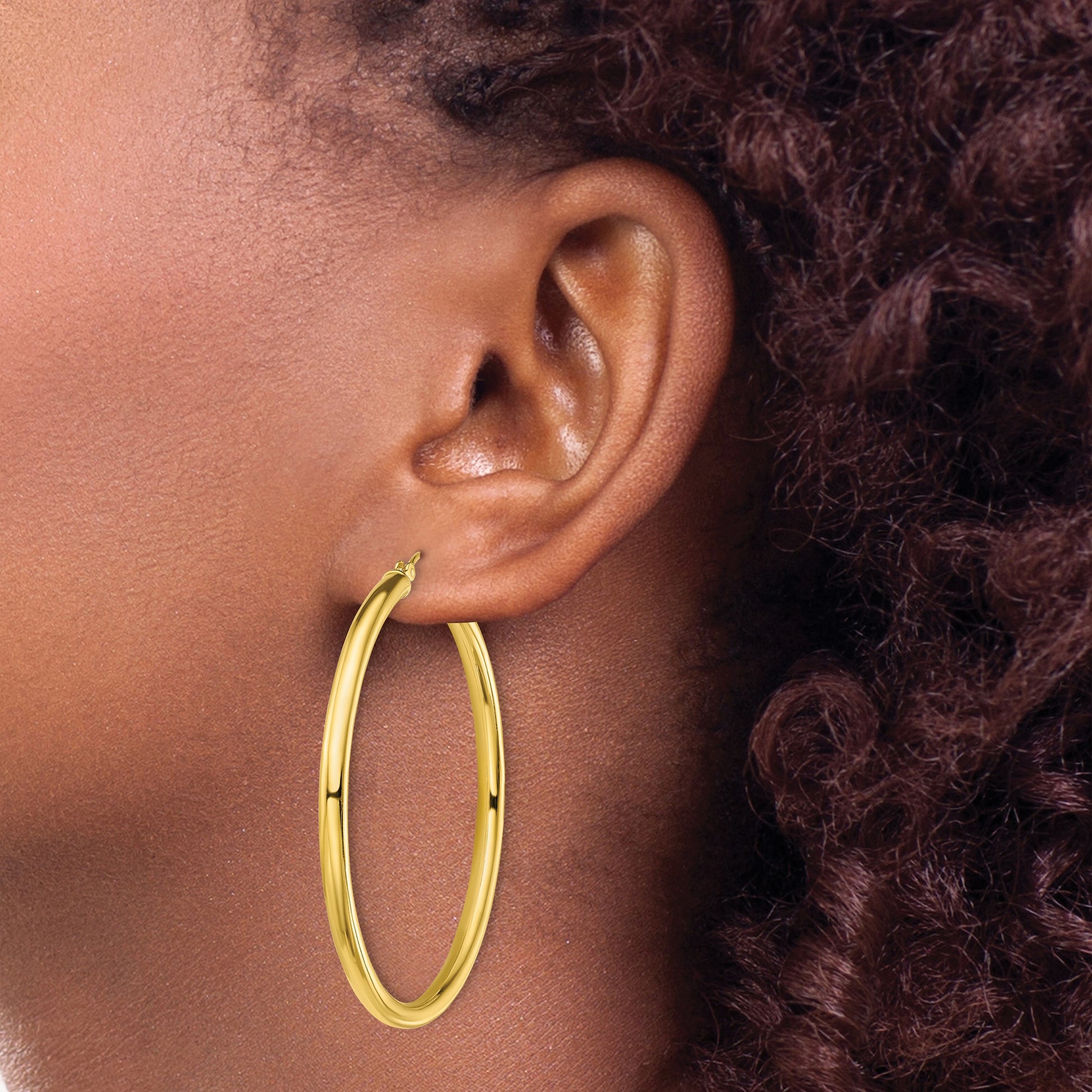Sterling Silver Gold-Tone Polished 3x50mm Hoop Earrings