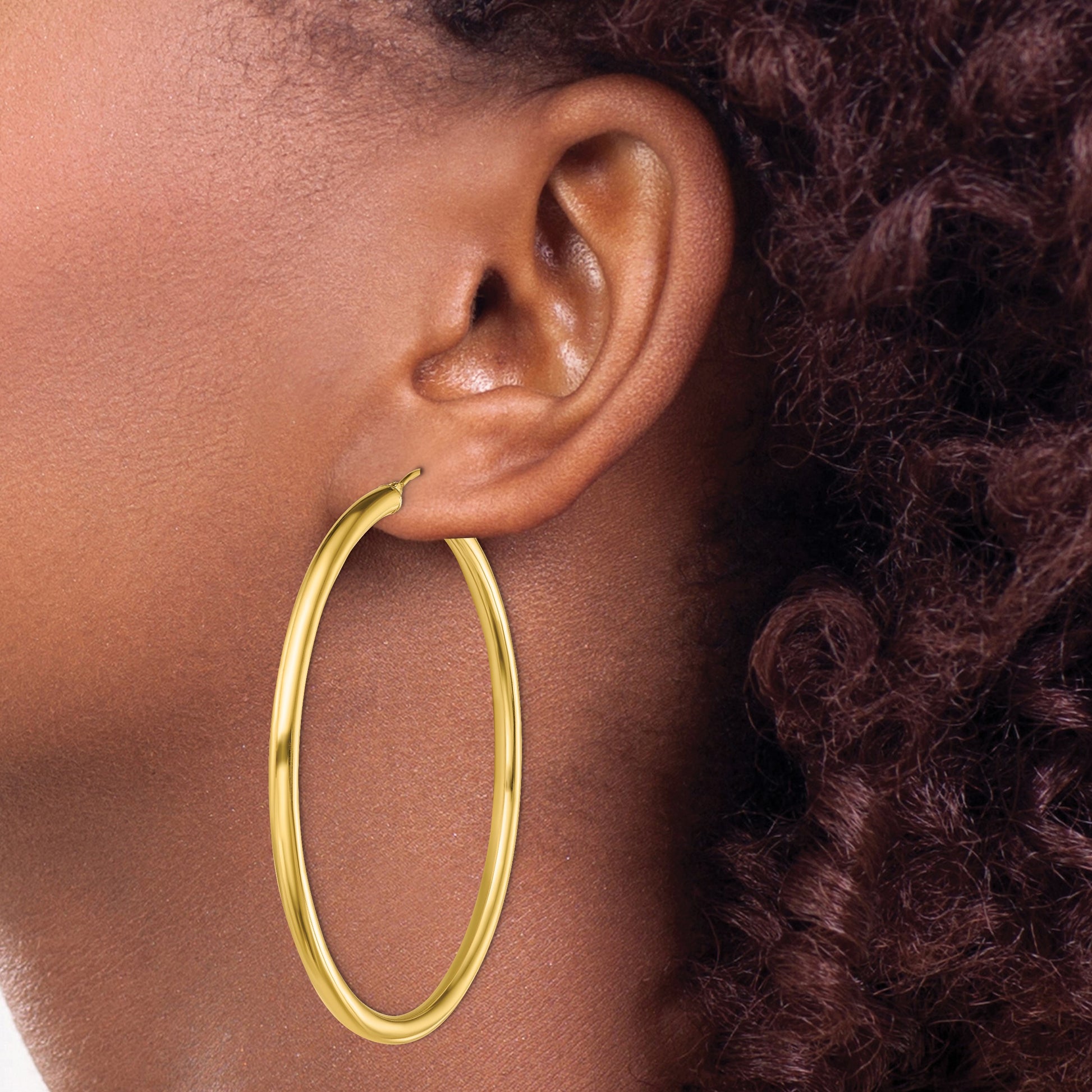 Sterling Silver Gold-Tone Polished 3x60mm Hoop Earrings