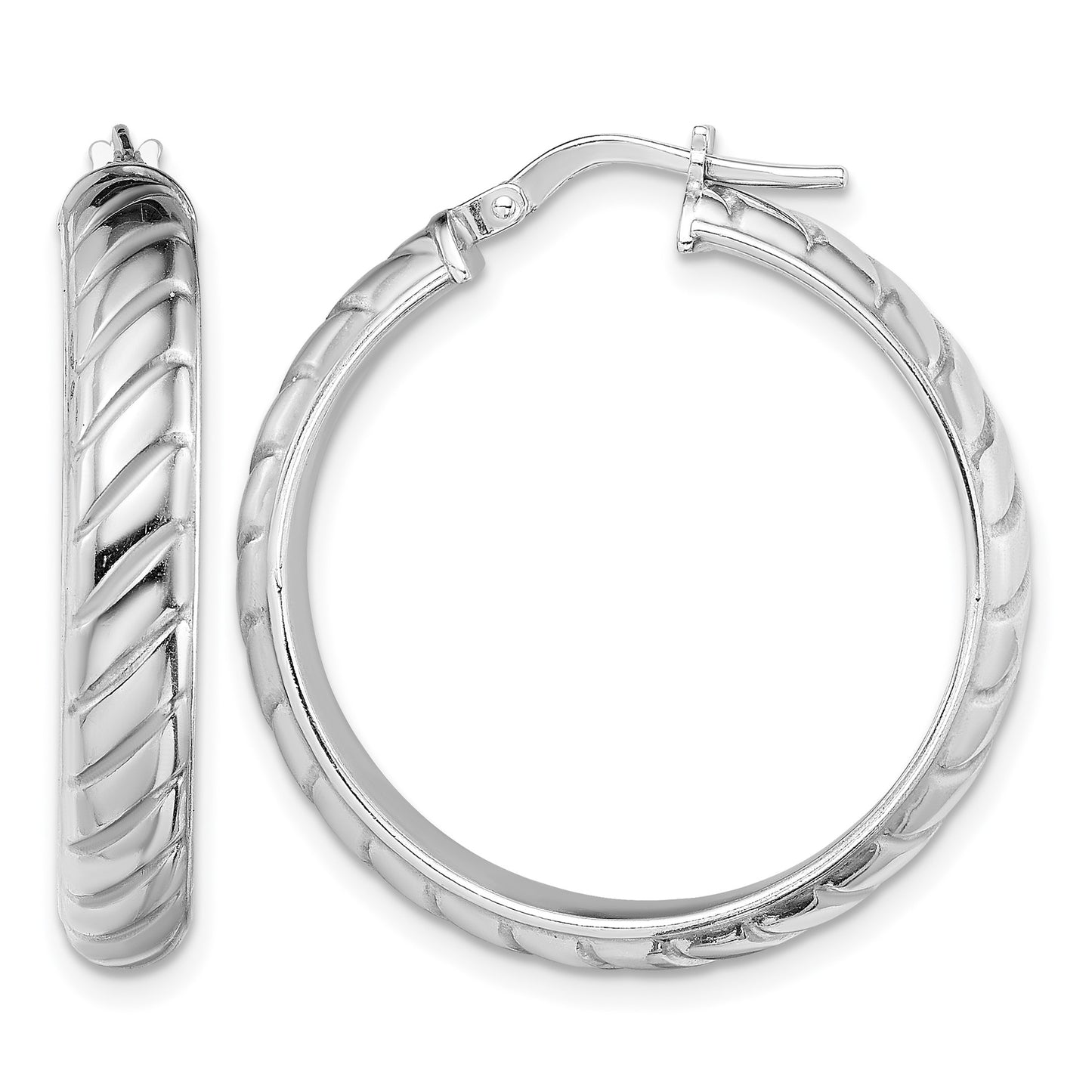 Sterling Silver Rhodium-plated 5x25mm Polished Textured Hoops