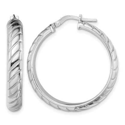 Sterling Silver Rhodium-plated 5x25mm Polished Textured Hoops