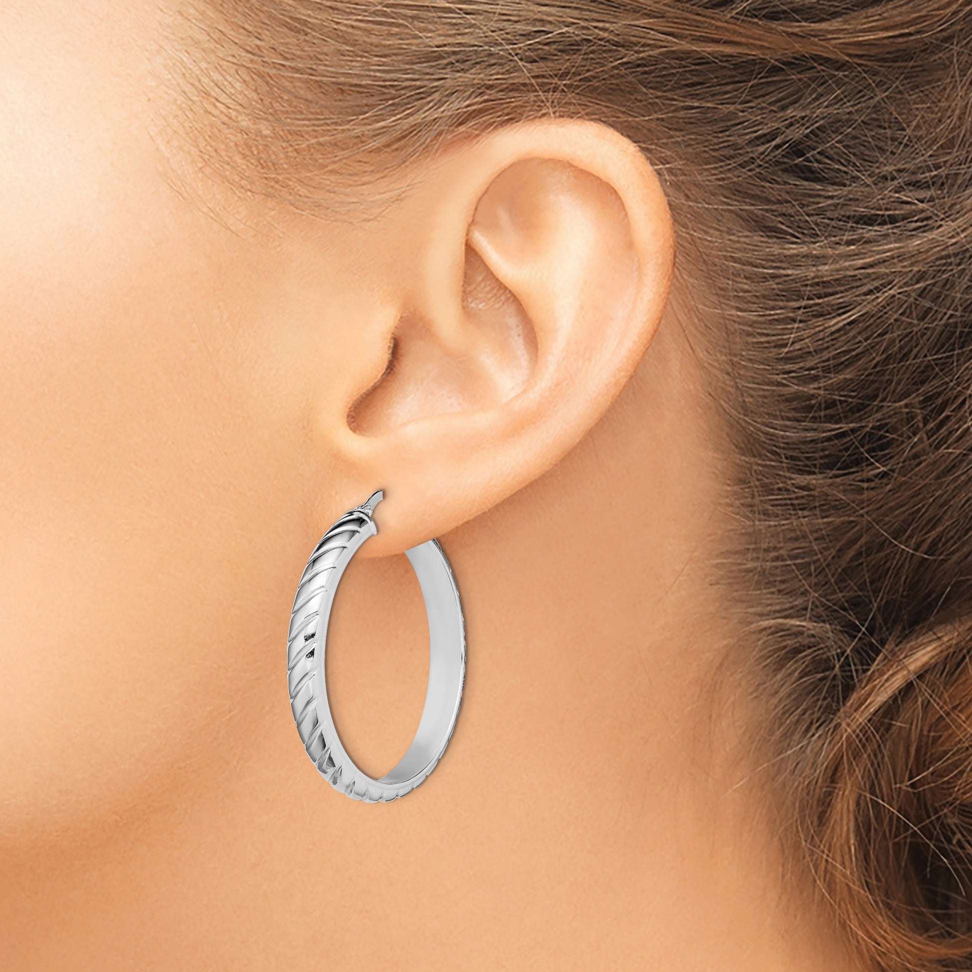 Sterling Silver Rhodium-plated 5x30mm Polished Textured Hoops