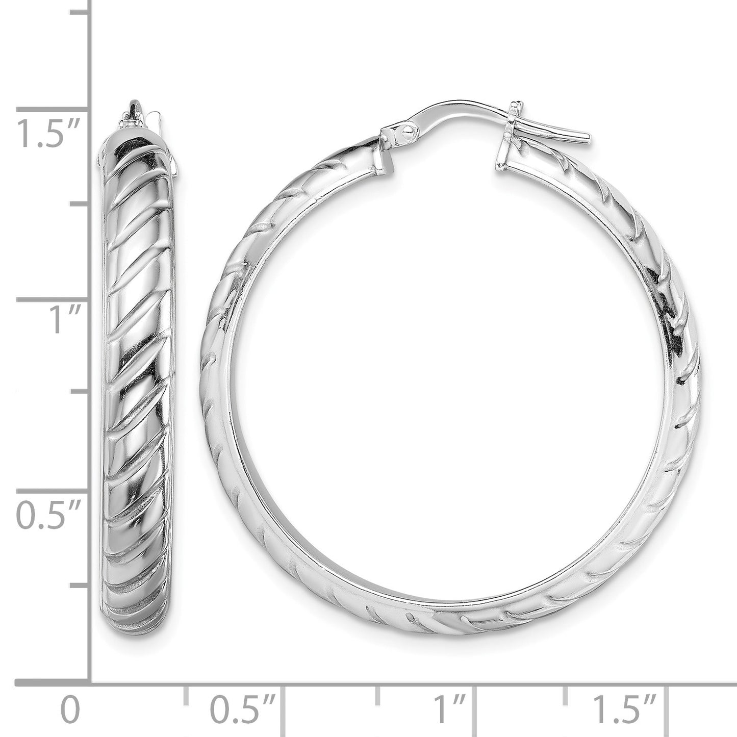 Sterling Silver Rhodium-plated 5x30mm Polished Textured Hoops