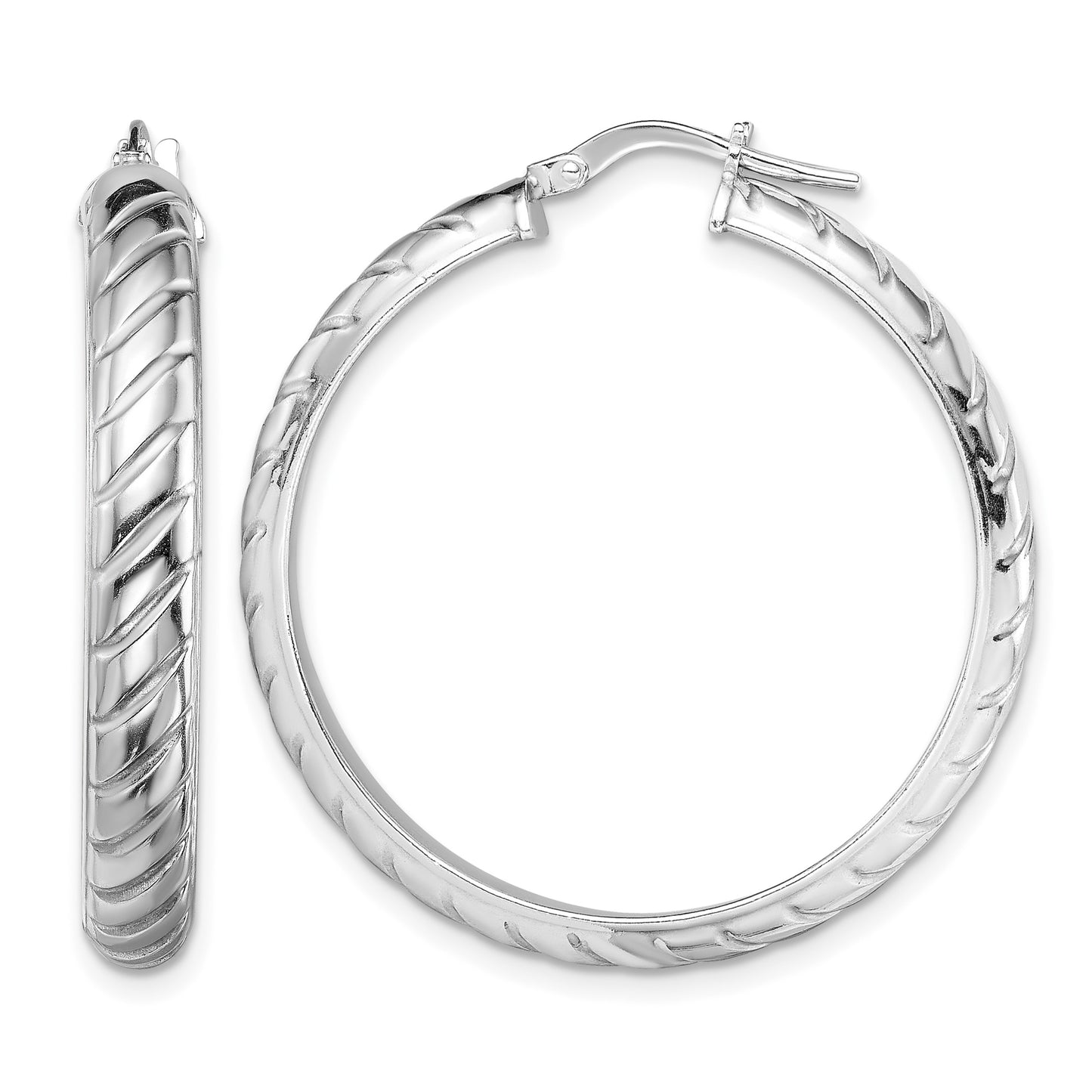 Sterling Silver Rhodium-plated 5x30mm Polished Textured Hoops