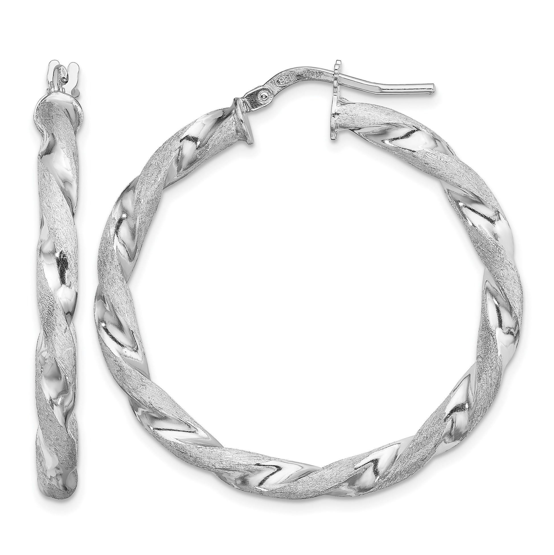 Sterling Silver RH-Plated Satin Polished Twisted 3x35mm Hoop Earrings