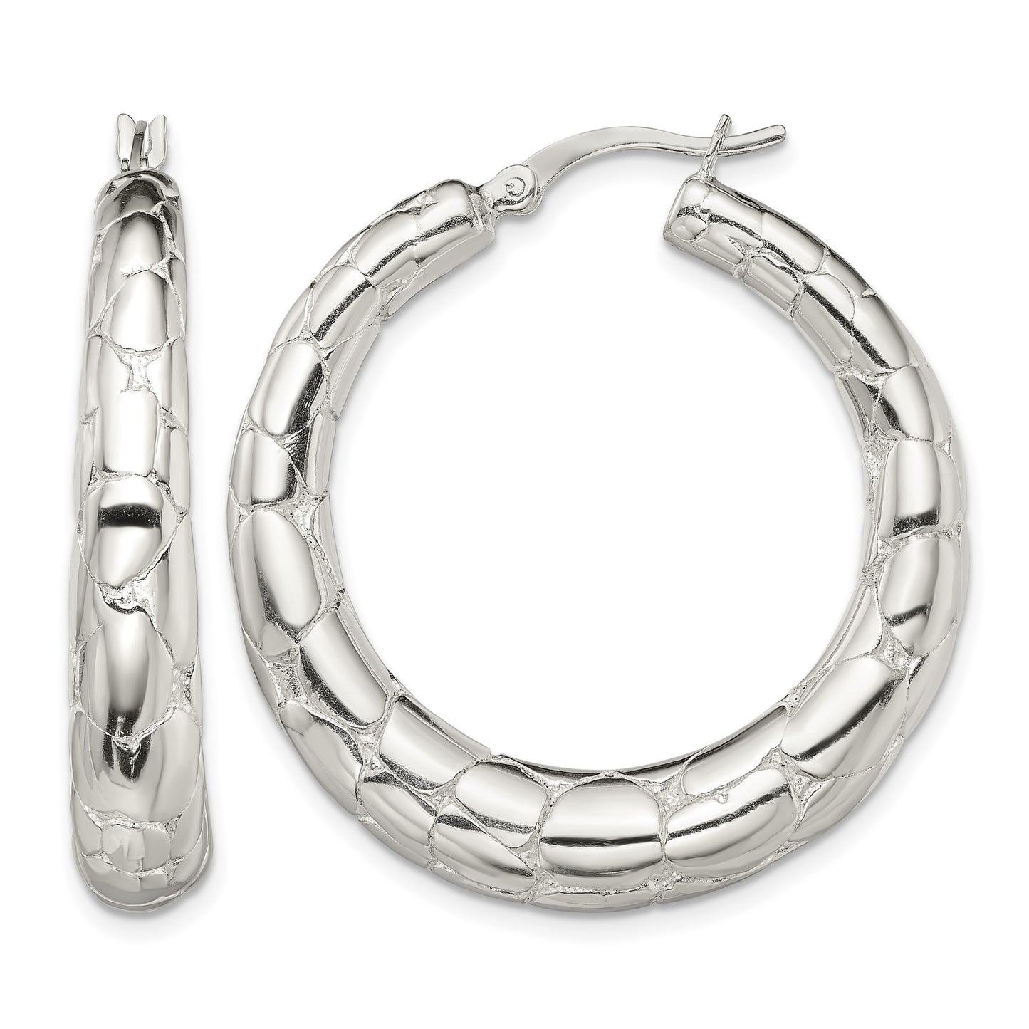 Sterling Silver Polished & Pebbled Round Hoop Earrings