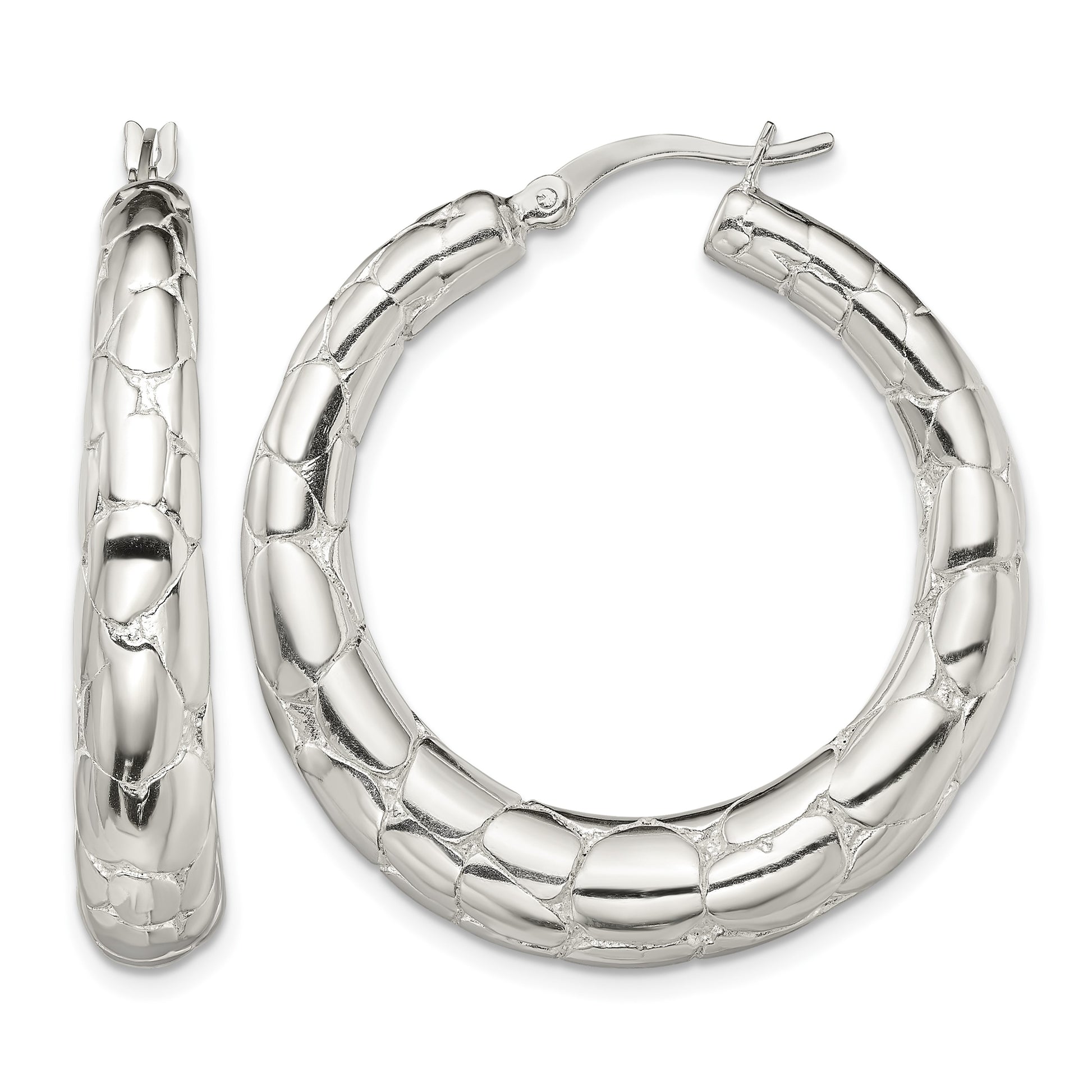 Sterling Silver Polished & Pebbled Round Hoop Earrings