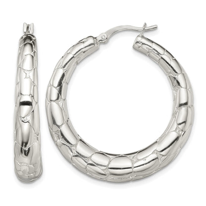 Sterling Silver Polished & Pebbled Round Hoop Earrings