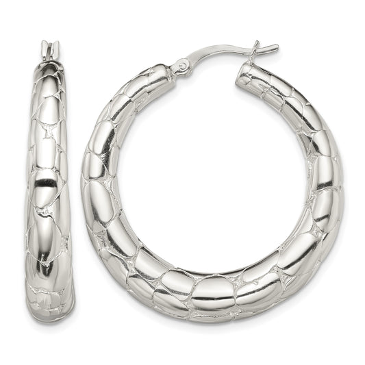Sterling Silver Polished & Pebbled Round Hoop Earrings