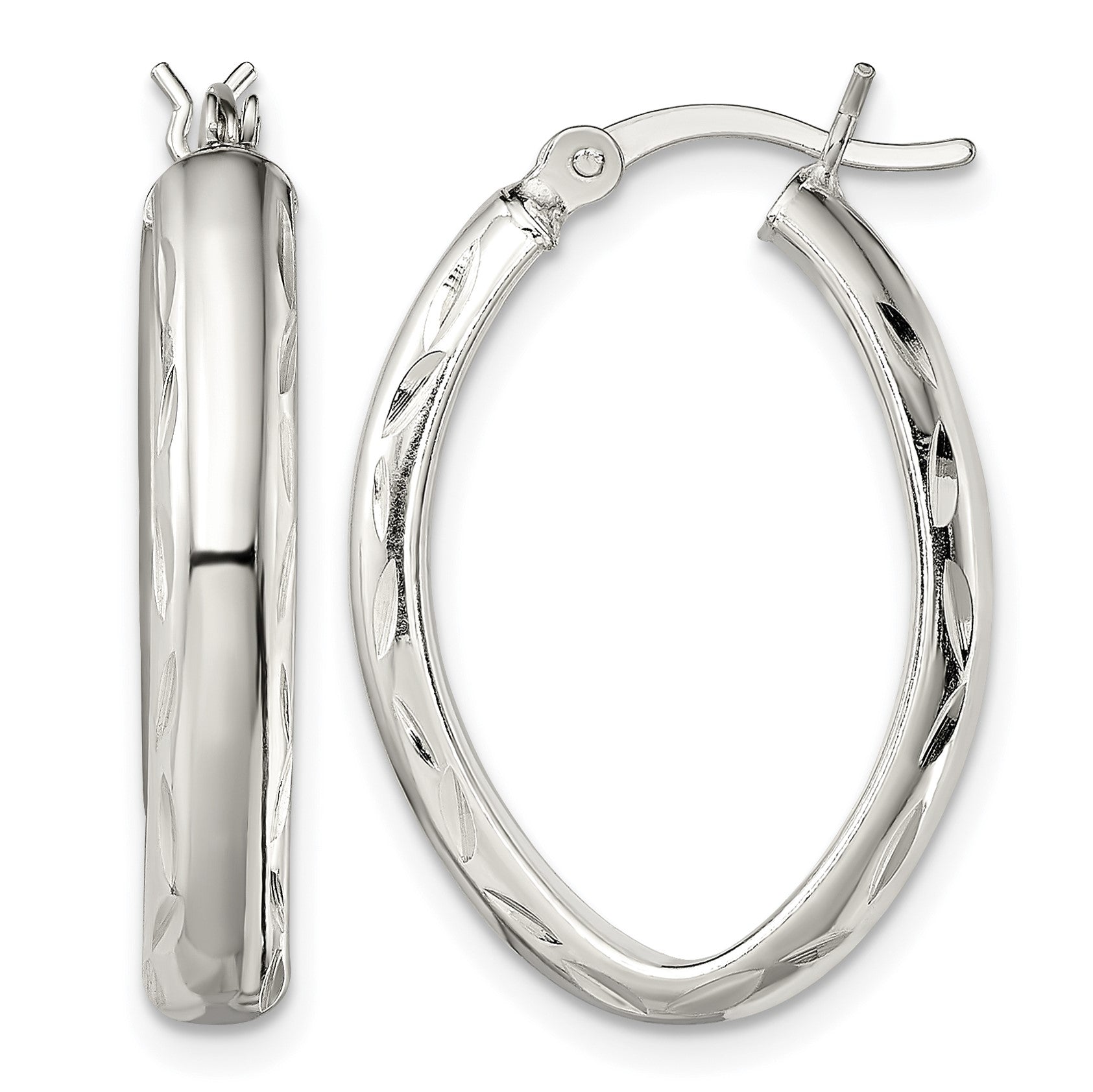 Sterling Silver Polished Diamond-cut Edge 4.25mm Oval Hoop Earrings