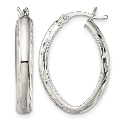 Sterling Silver Polished Diamond-cut Edge 4.25mm Oval Hoop Earrings
