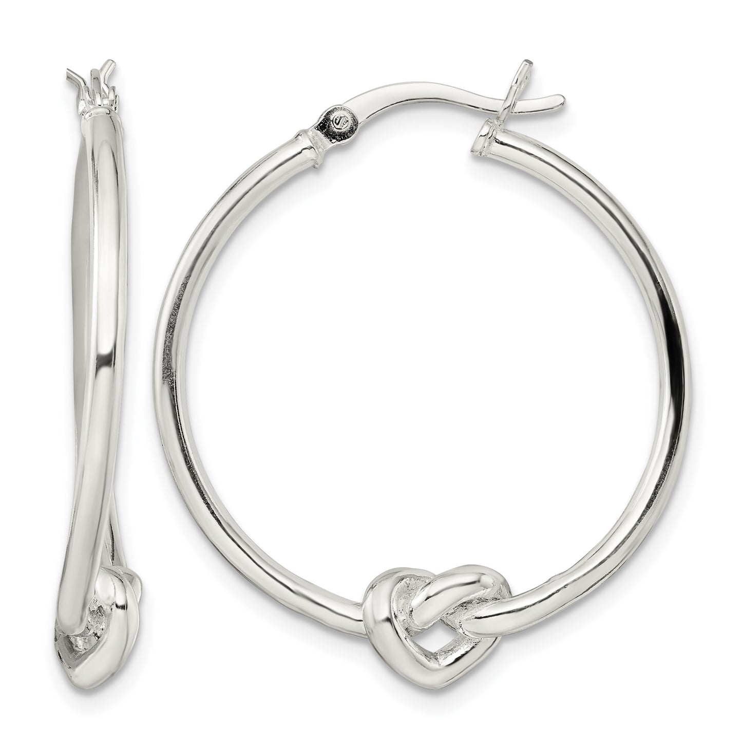 Sterling Silver Polished Heart Knot Round Hoop Earrings