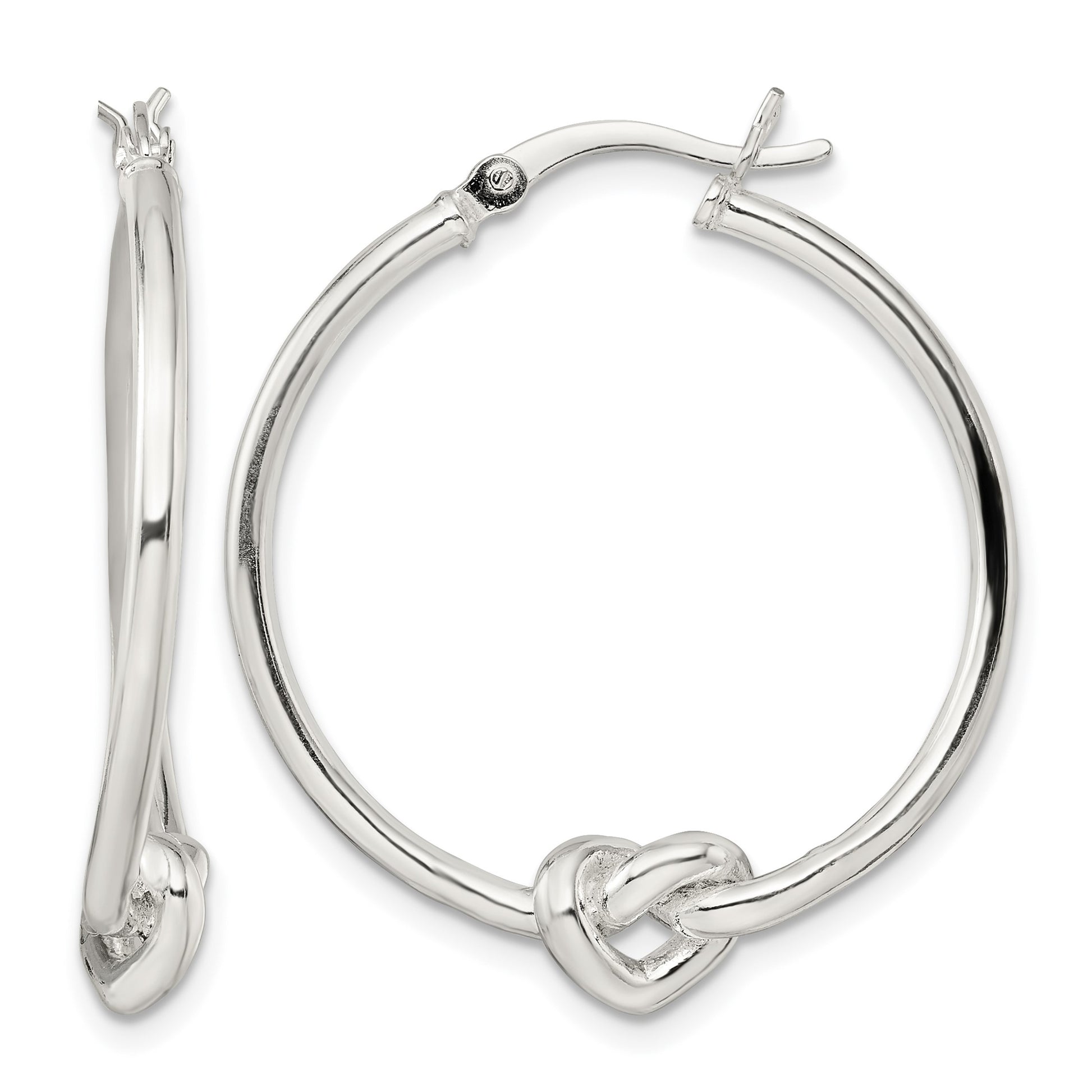 Sterling Silver Polished Heart Knot Round Hoop Earrings