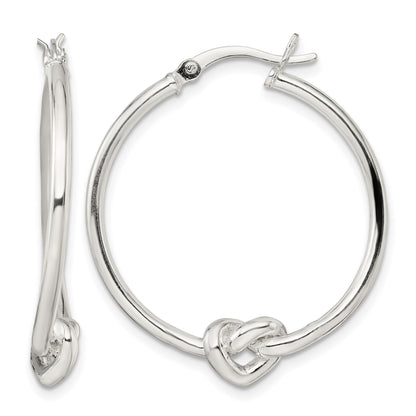 Sterling Silver Polished Heart Knot Round Hoop Earrings