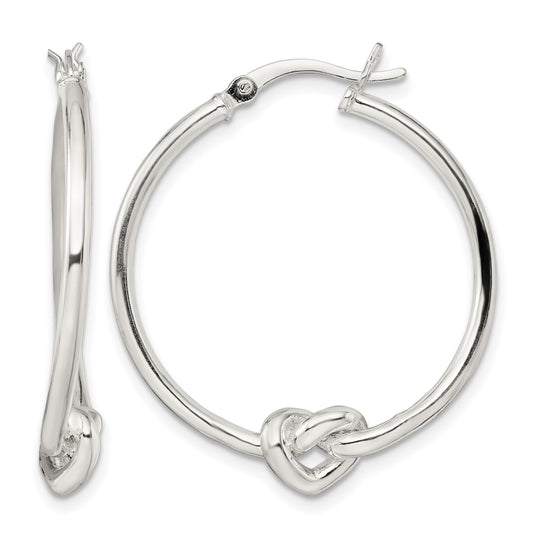 Sterling Silver Polished Heart Knot Round Hoop Earrings