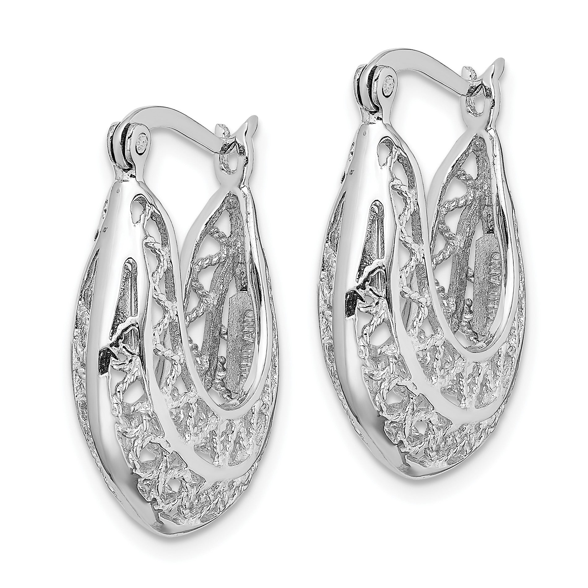 Sterling Silver Rhodium-plated Polished & Filigree Hoop Earrings