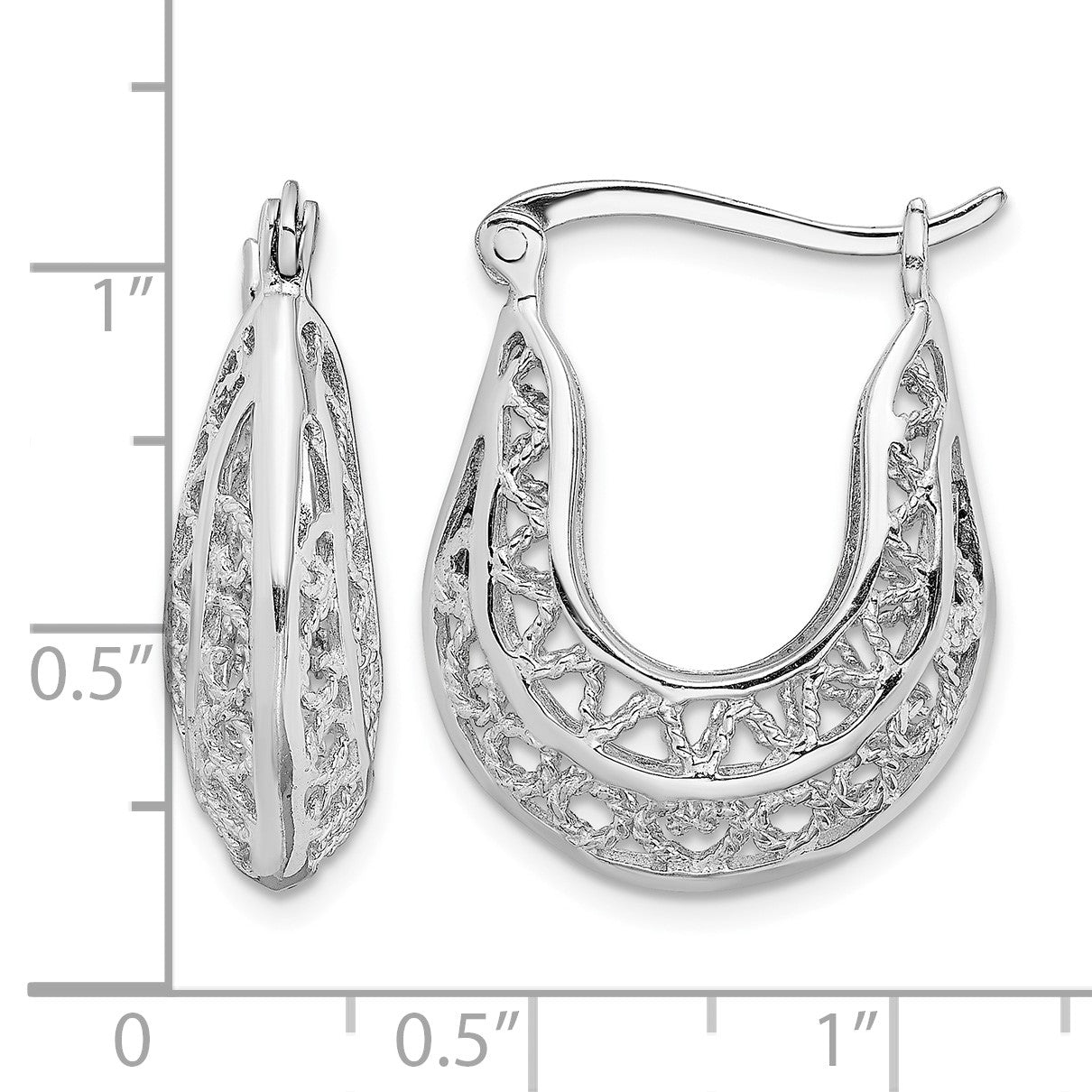 Sterling Silver Rhodium-plated Polished & Filigree Hoop Earrings