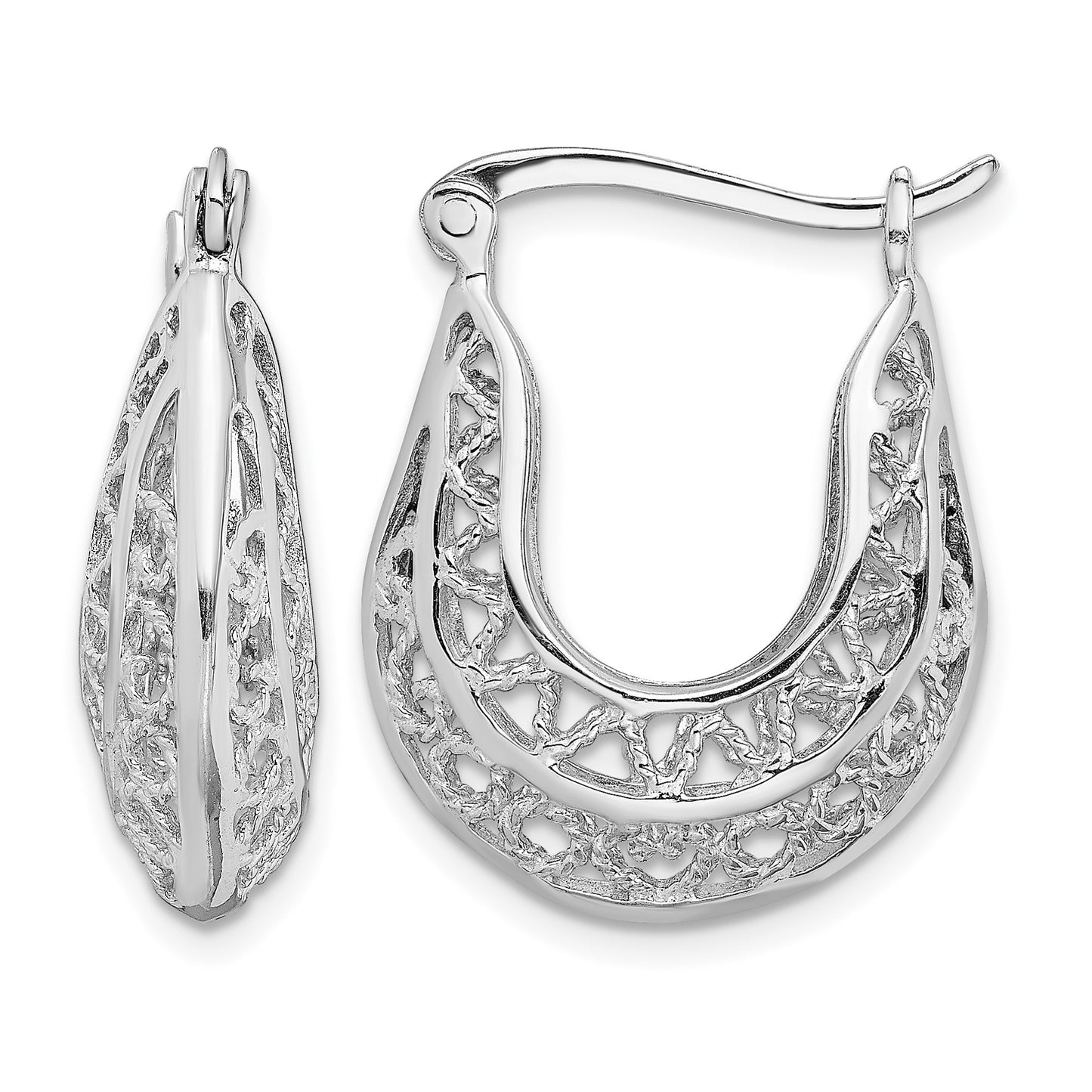 Sterling Silver Rhodium-plated Polished & Filigree Hoop Earrings