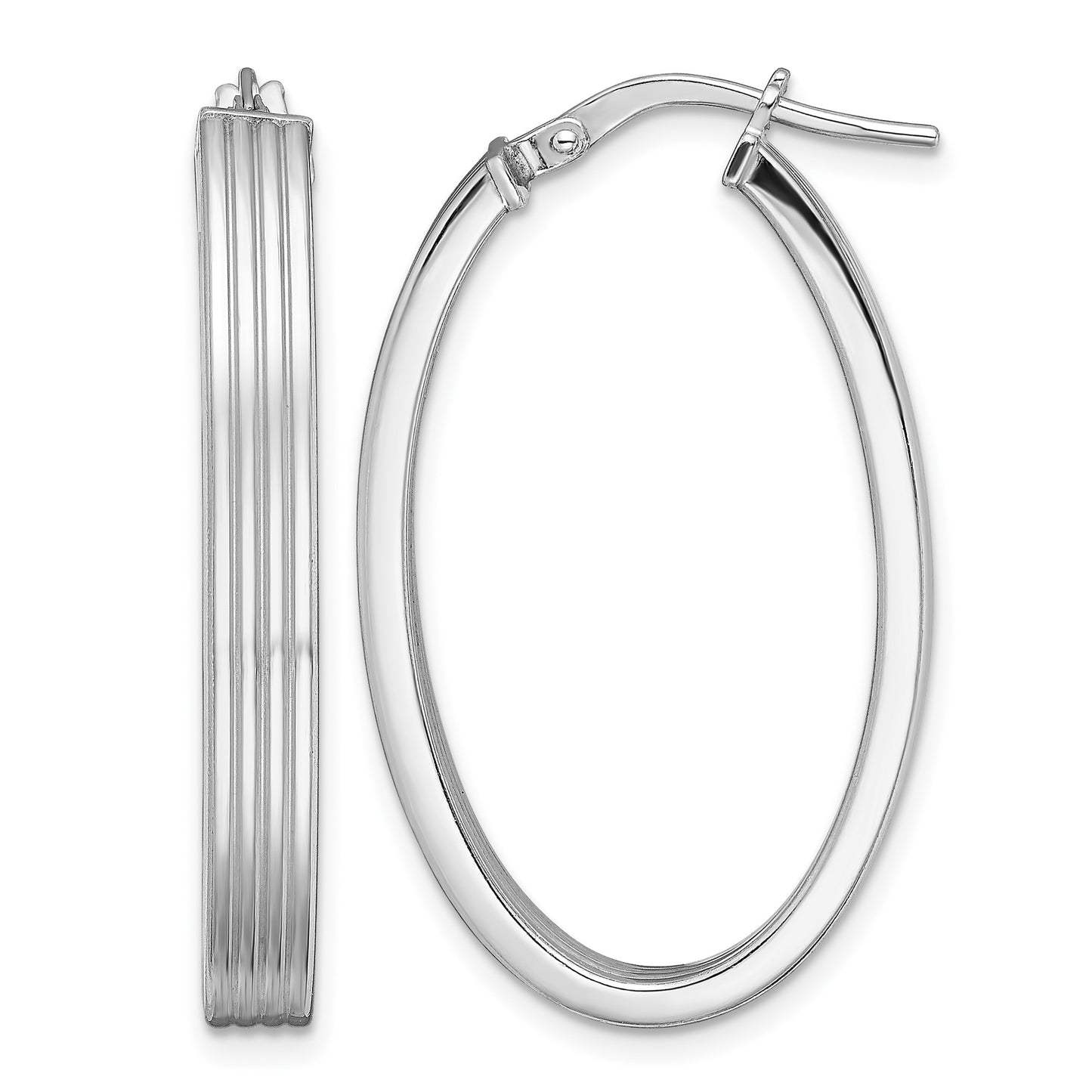 Sterling Silver Rhod-plated Polished & Striped 4mm Oval Hoop Earrings