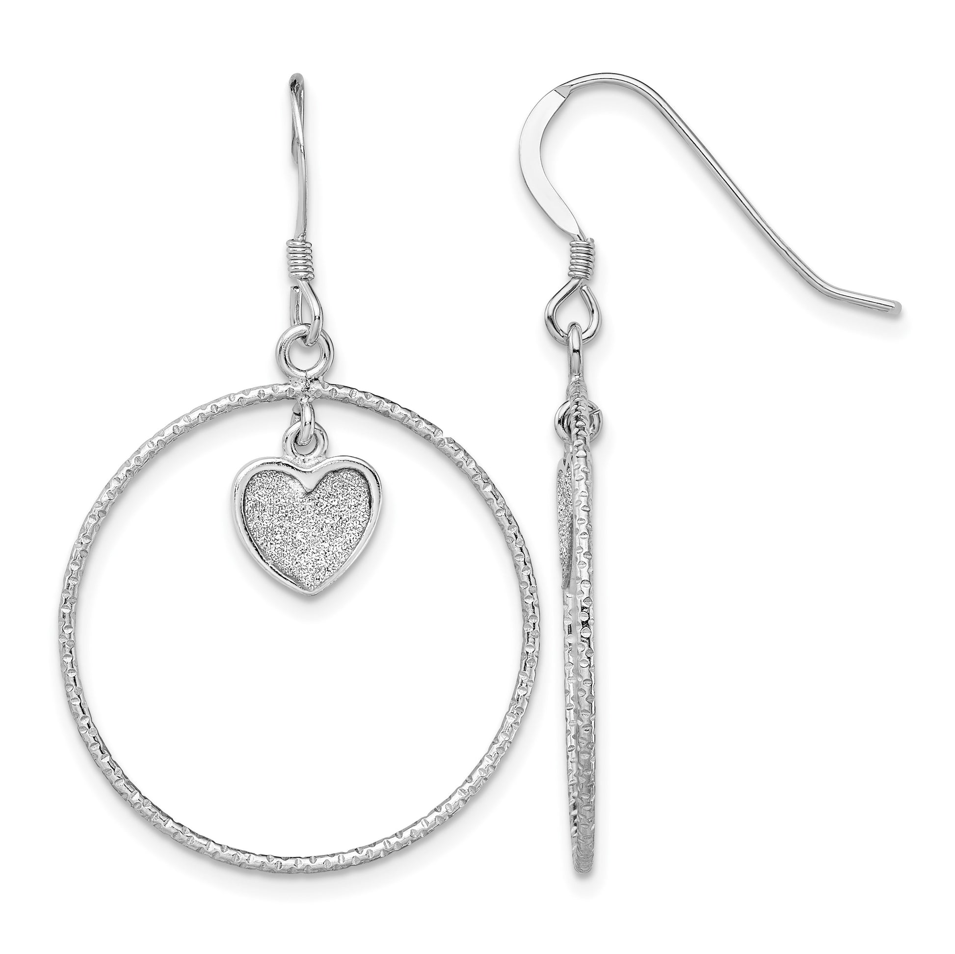 Sterling Silver RH-plated D/C Enamel Glitter Fabric Heart in Circle Earring
