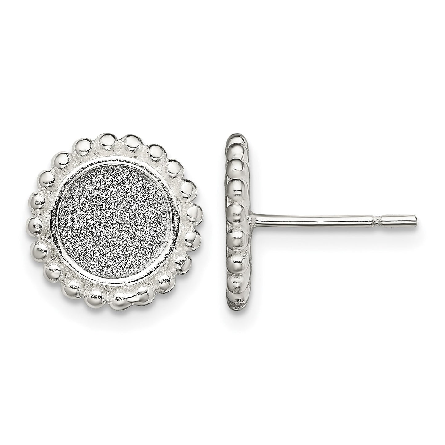 Sterling Silver Polished & Beaded Enamel Glitter Fabric Round Post Earrings