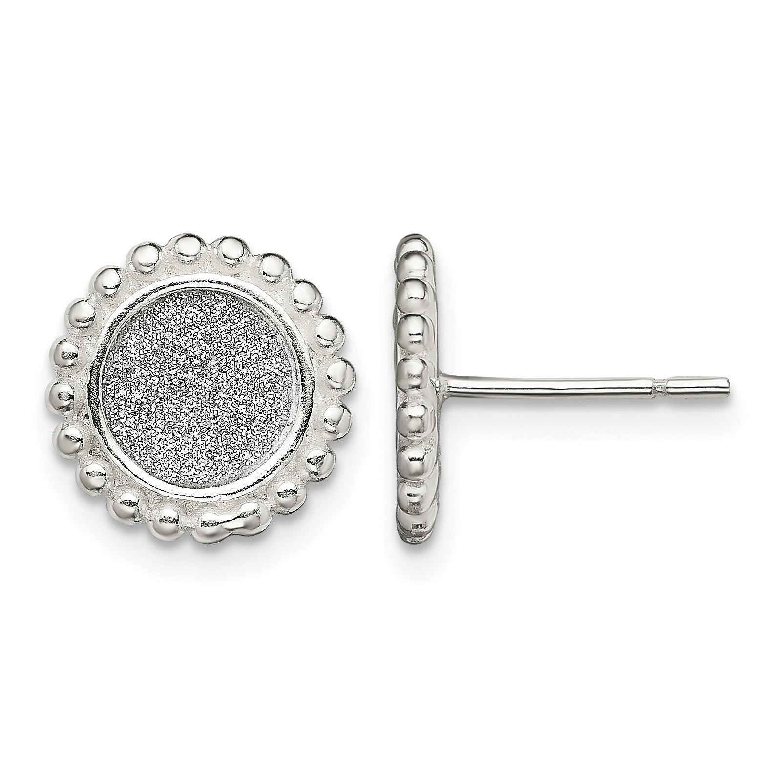 Sterling Silver Polished & Beaded Enamel Glitter Fabric Round Post Earrings