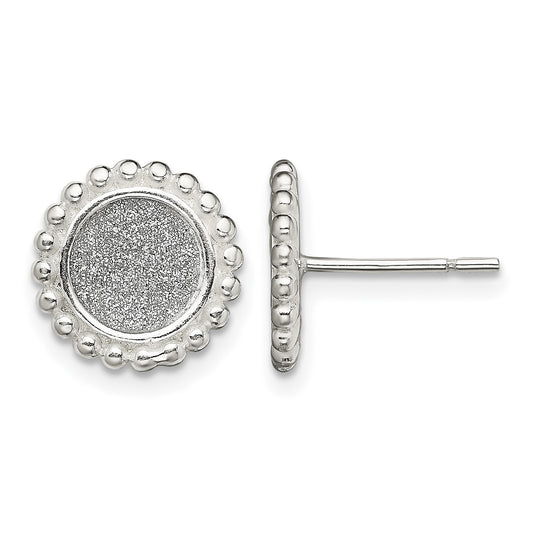 Sterling Silver Polished & Beaded Enamel Glitter Fabric Round Post Earrings