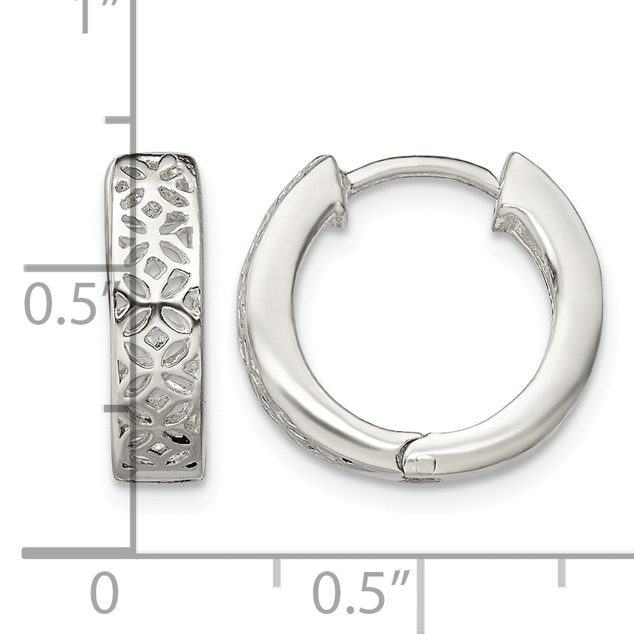 Sterling Silver Polished Cut-out Design Hinged Hoop Earrings