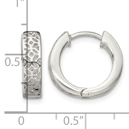 Sterling Silver Polished Cut-out Design Hinged Hoop Earrings