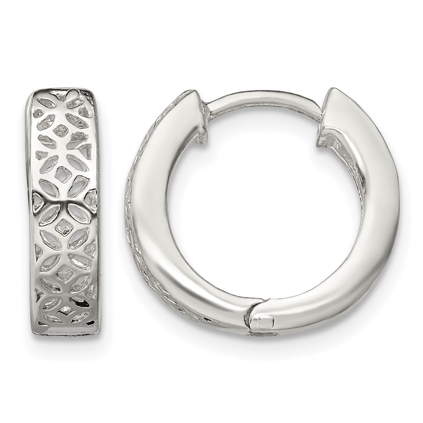 Sterling Silver Polished Cut-out Design Hinged Hoop Earrings