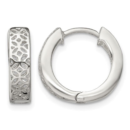 Sterling Silver Polished Cut-out Design Hinged Hoop Earrings