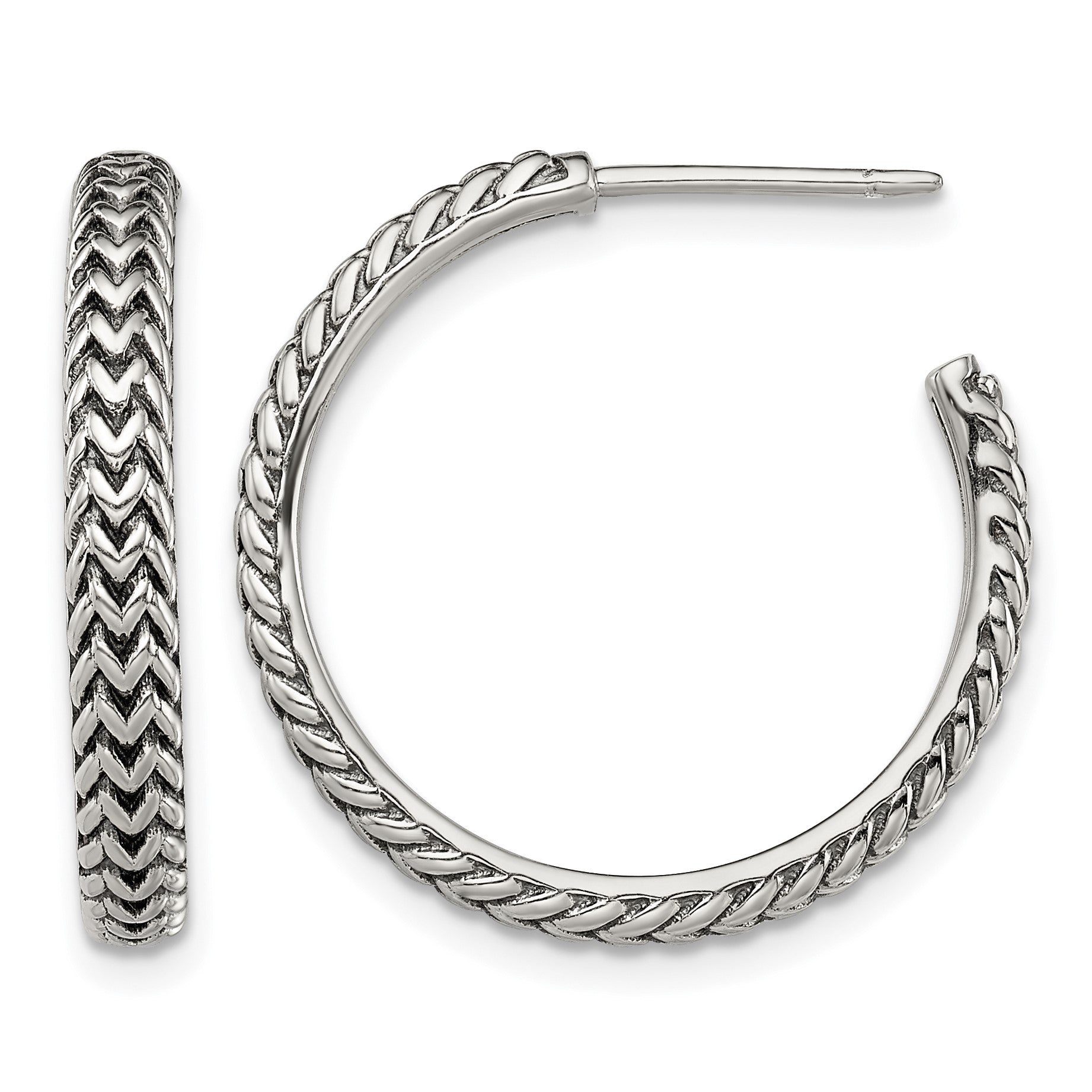 Sterling Silver Antiqued Large Zig Zag Hoop Post Earrings