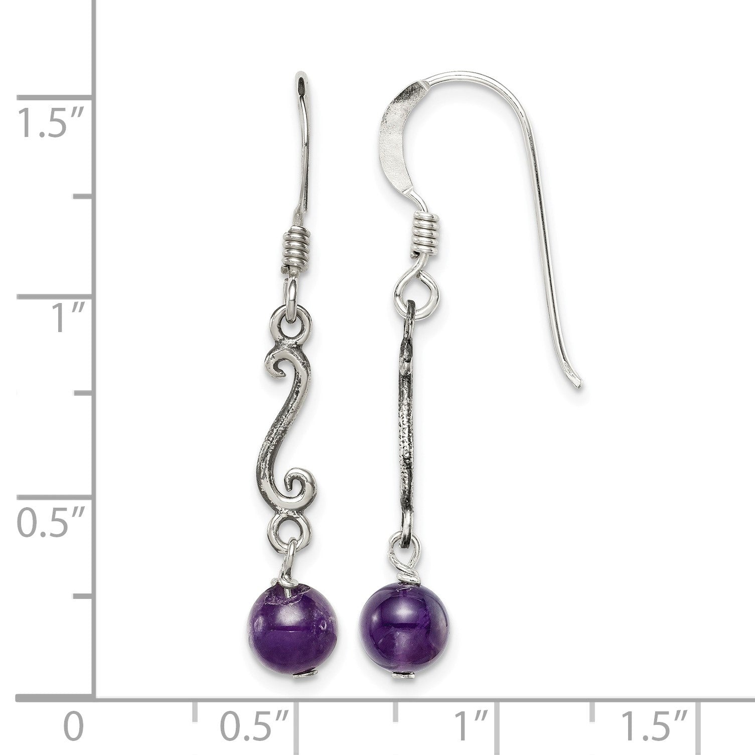 Sterling Silver Polished & Antiqued Amethyst Swirl Dangle Earrings