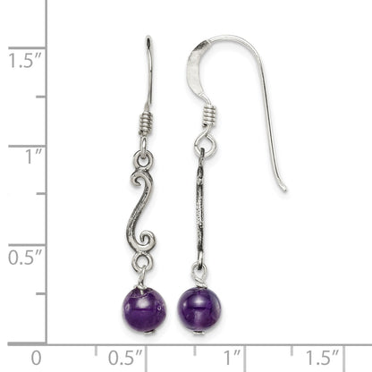 Sterling Silver Polished & Antiqued Amethyst Swirl Dangle Earrings