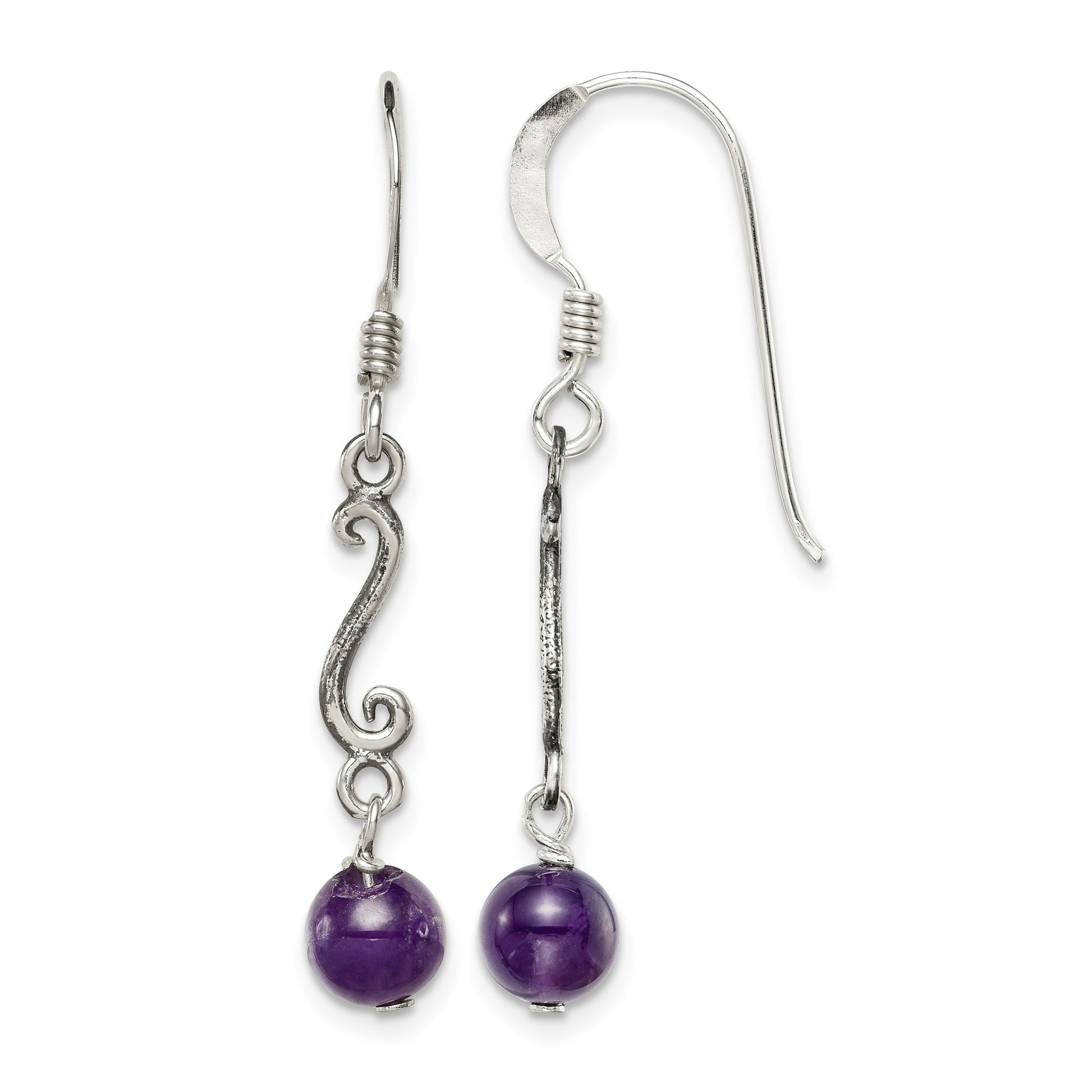 Sterling Silver Polished & Antiqued Amethyst Swirl Dangle Earrings