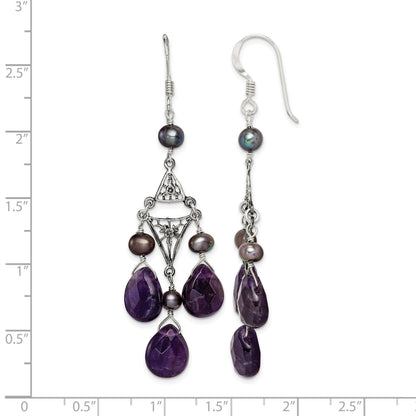 Sterling Silver Antiqued Floral Filigree Amethyst/FWC Pearl Dangle Earrings
