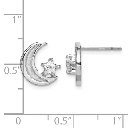 Sterling Silver RH-plate Enamel Glitter Fabric Moon/CZ Star Earrings