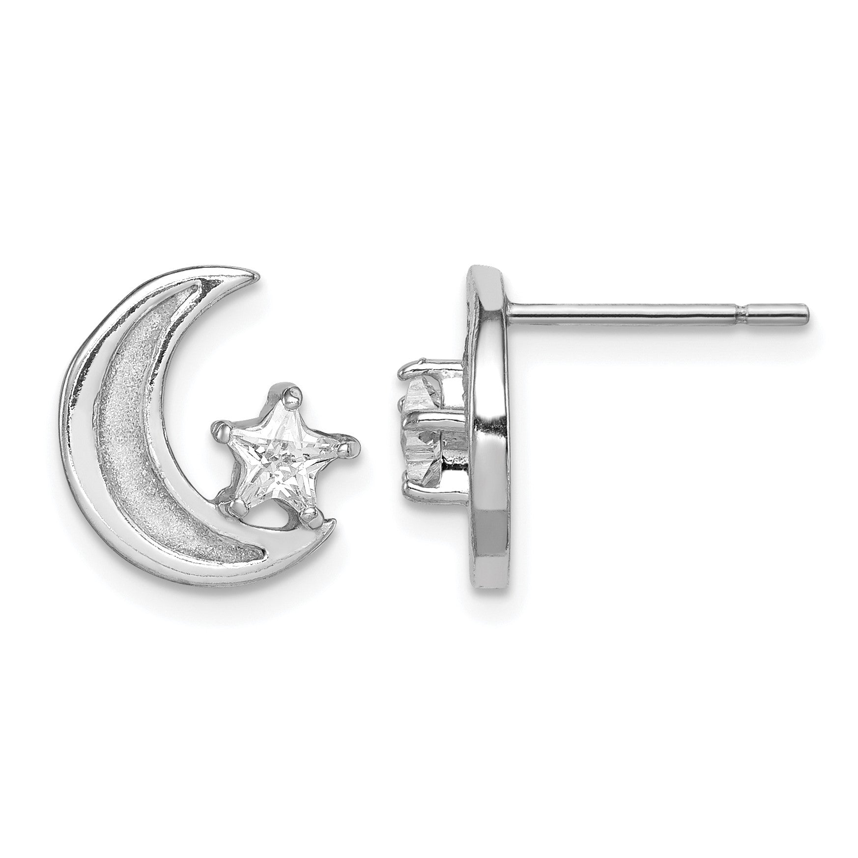 Sterling Silver RH-plate Enamel Glitter Fabric Moon/CZ Star Earrings