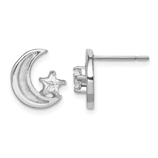 Sterling Silver RH-plate Enamel Glitter Fabric Moon/CZ Star Earrings