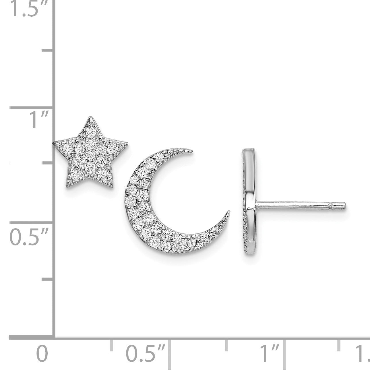 Sterling Silver Rhodium-plated CZ Star and Moon Post Earrings