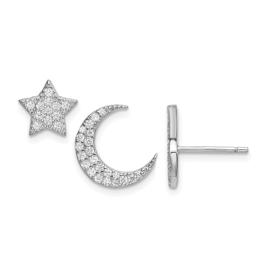 Sterling Silver Rhodium-plated CZ Star and Moon Post Earrings